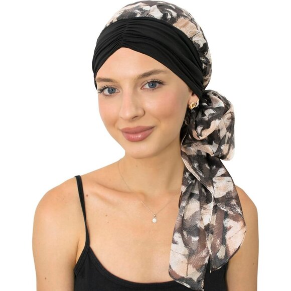Women’s Black Beige Scarf Skull Cap Chemo Headwear Hair Loss Turban